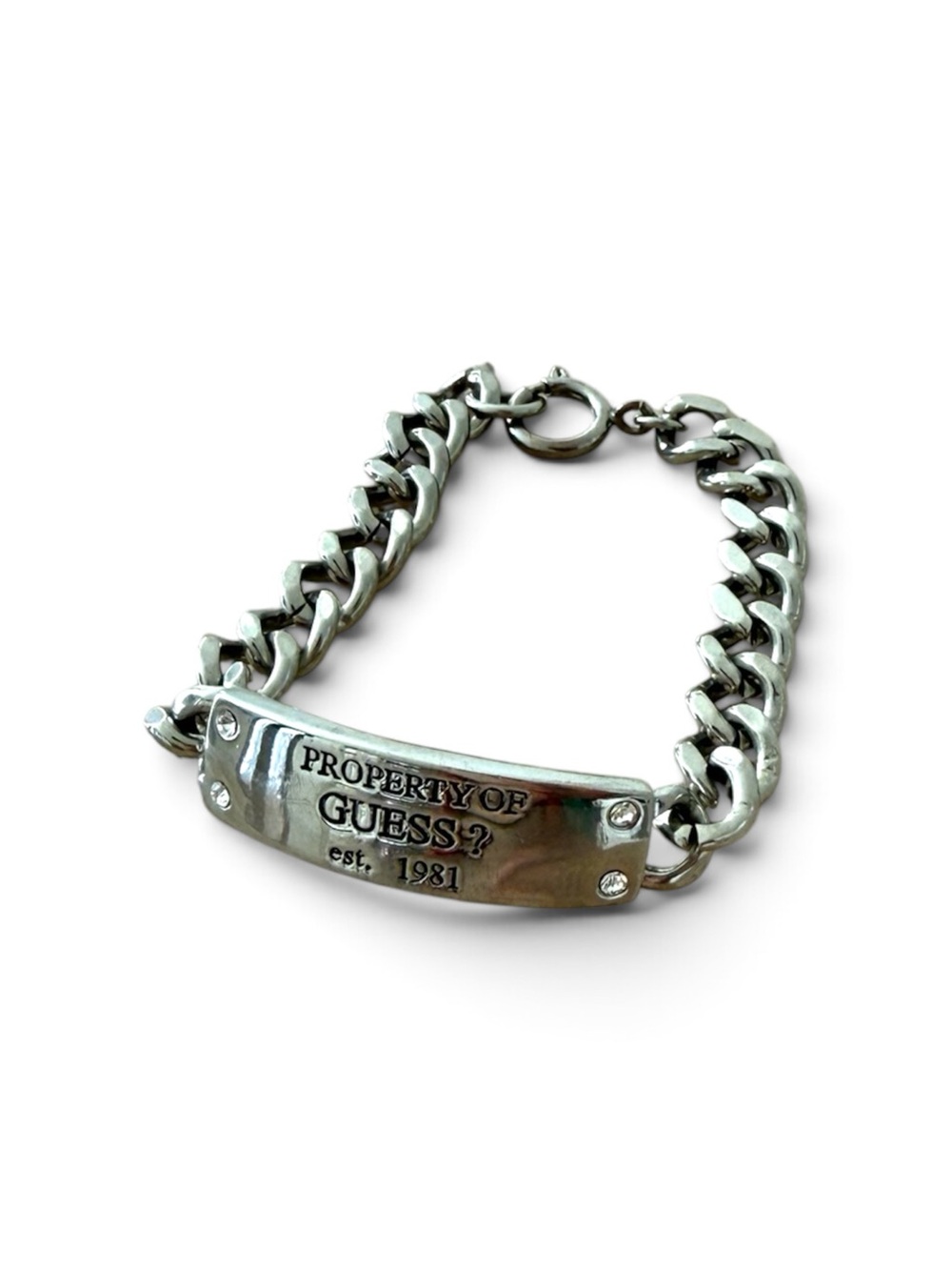 Guess 90’s Silver-Tone ID Curb Bracelet with Plate